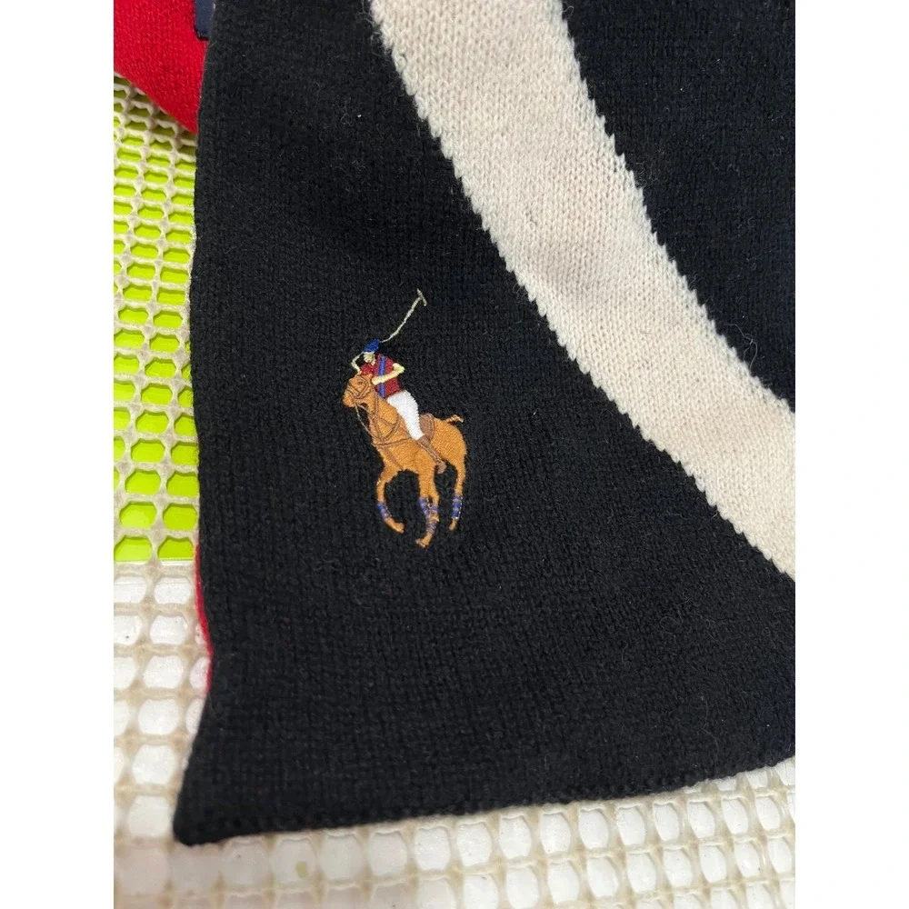 Polo Ralph Lauren Scarf Black Red Cream Lambswool Reversible Pony